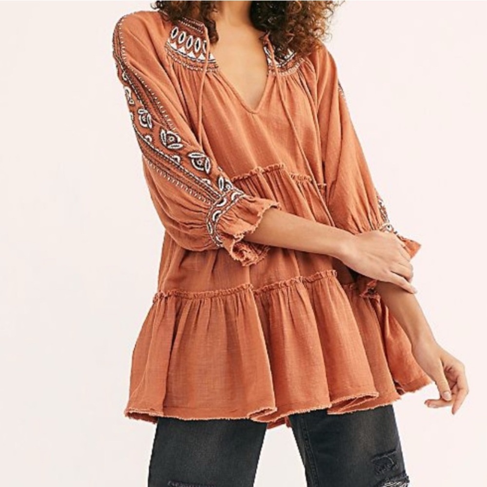 Free People Dreamweaver Boho Rust Tunic Embroidered size M mini dress